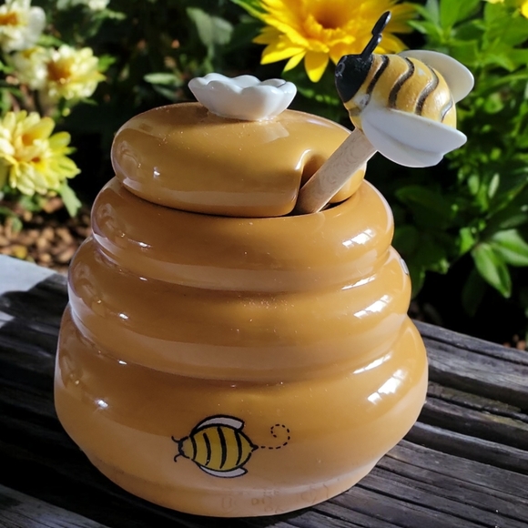 Vtg Honey Miel BEEHIVE Ceramic Jar Pot Bumblebee Bee Daisy Wood Spoon Dipper - Picture 5 of 8